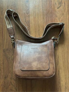 Brown Leather Shoulder Crossbody with Patterned Strap